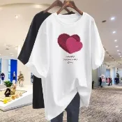 【ASister 小姊姊】現貨在庫★純棉上衣☆*甜蜜雙愛心*加大尺碼寬鬆中長版字母短袖T恤(7色 S-3XL#AS1344)