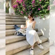 【顯瘦】白色吊帶洋裝 長裙 渡假洋裝 白色長洋裝 海邊度假 溫柔初戀感 吊帶長裙 洋裝長裙
