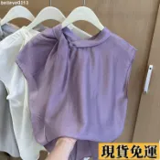 🌸限時特價🌸法式打結醋酸無袖襯衫女夏新款2024設計感褶皺小衫天絲小飛袖上衣