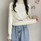 特價免運🚚花財 針織上衣 韓版冬季韓版2025新款蕾絲打底衫女ins潮中高領t恤女刷毛加厚保暖上衣 針織衫 女上衣