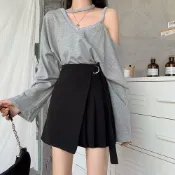 不規則飄帶百褶裙褲 高腰金屬環扣設計A字半身裙 防走光假兩件黑色顯瘦短裙 夏日女裝 半身裙