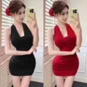 紅色掛脖弔帶連衣裙女夏季純慾辣妹性感露背包臀裙抹胸小裙子 洋裝 正韓 禮服 連身裙 包臀裙