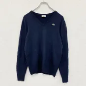 【DOKODEMO】LACOSTE V 領針織毛衣，帶刺繡標誌，海軍藍，2 碼，男士，羊毛，古著。