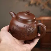 蘭言優選高級紫砂壺茶具【全手工】景舟·茄段  原礦極品紫泥·360cc·內推孔手工刻繪名家純手工精緻茶壺中式單人泡茶壺