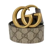 【GUCCI 古馳】霧金雙G Logo 防水皮革拼牛皮皮帶_寬4cm(米色/棕色)