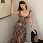 波西米亞旅行度假復古性感格紋吊帶長裙女裝顯瘦鏤空露背無袖中長款A字洋裝