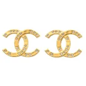 【CHANEL 香奈兒】經典鑲嵌水鑽雙C LOGO貼耳針式耳環(金)