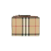 BURBERRY 格紋及小牛皮釦式二折短夾(經典米色/石楠木棕)