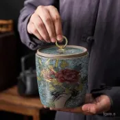 陶瓷茶葉罐 茶葉罐 茶甕 陶瓷 茶倉 陶瓷密封罐 香粉罐 裝飾罐 輕奢琺瑯彩紫砂茶葉罐盒小號密封罐便攜茶葉包裝泡裝罐家用