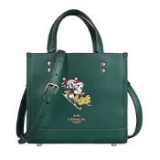 COACH Tote 22立體字LOGO迪士尼聯名款米奇米妮雪橇設計磁扣手提斜背托特包(深綠)