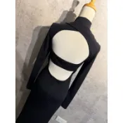美國帶回-黑色微高領露背性感條紋彈性長袖洋裝（XS號）