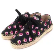 【DOKODEMO】全新未使用 PRADA 1E988L GABARDINE 嘎巴甸帆布花卉印花草編繫帶運動鞋，黑色和粉紅色，36.5 碼，義大利製造