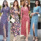 台灣現貨V領綁帶洋裝 性感開衩正韓印花宴會禮服長洋裝 女生衣著 婚禮洋裝 過膝長裙 海邊海島渡假波西米亞長裙 大尺碼沙灘