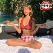 【公司貨 免運】韓版新款韓國分體三角豆沙粉格子泳裝溫泉度假遊泳衣女高比基尼