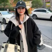 免運 臺灣出貨 冬季外套加絨女  假兩件連帽外套女秋冬季新款寬鬆加厚高級感中長款百搭時尚仿羊羔毛絨大衣