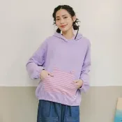 【Dailo】熊耳拼接條紋連帽T(駝 紫 灰/魅力商品)