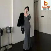波波折扣社 【甜辣小媽裙】連衣裙 包臀裙 魚尾裙 打底裙 秋冬內搭 方領設計 中長款 修身顯瘦 氣質名媛風 聚會約會穿搭