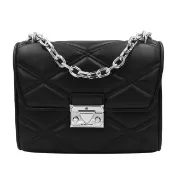 【Michael Kors】SERENA銀釦菱格紋皮革鏈帶肩背/斜背兩用包(黑銀)