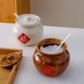 陶瓷調味罐老式鹽罐帶蓋廚房裝豬油罐家用耐高溫油潑辣子辣椒油罐家居好物居家用品平價好物ins風家居收納