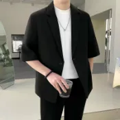  全球選品1館 生活百貨 夏季男士休閒西服七分袖時尚寬鬆西裝外套短袖痞帥單扣薄款上衣潮