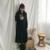銀聯網日用品生活館 秋裝女裝復古碎花波點長袖雪紡連衣裙寬松顯瘦圓領打底魚尾裙1入