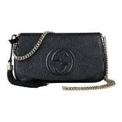 【GUCCI 古馳】GUCCI SOHO經典GG車紋LOGO流蘇設計荔枝紋牛皮鏈帶釦式斜背包(黑)