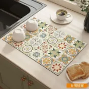 【吸水速乾可裁剪】矽藻泥瀝水墊 廚房檯面吸水墊 水槽邊碗盤墊 餐具乾燥墊 流理臺瀝水墊 復古花磚砧板墊 杯墊