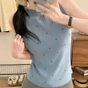 【MsMore】小圓點性感背心針織杉薄款冰絲無袖短版上衣#122433(黑/杏/藍)