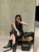 全球選品1館 生活百貨 羊皮版尖頭V口西部靴女切爾西法式復古褶皺瘦瘦靴粗跟真皮短靴子