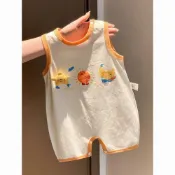 嬰兒連身衣無袖短爬服 夏季薄款嬰幼兒居家睡衣 日月星辰圖案 新生兒男女寶適用 A類嬰兒服裝 59-100碼 背心式包屁衣