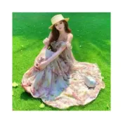 (店+)免稅免運｜hc精選 法式絕美度假風碎花雪紡蛋糕裙女夏一字肩吊帶連衣裙大裙擺氛圍感