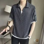 假兩件條紋T恤男V領短袖ins潮牌翻領短袖POLO衫新款冰絲夏季T恤 情侶 五分袖 大學T 短T（GW711）
