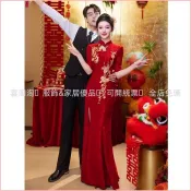 🔥【台灣熱賣】 敬酒服新娘小個子酒紅色新中式結婚訂婚禮服女改良旗袍顯瘦魚尾裙