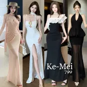 克妹Ke-Mei【ZT24758】秋`赫本風深V露背蓬蓬法式性感女神渡假長洋裝