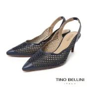 【TINO BELLINI 貝里尼】巴西進口 鏤空雕花編織設計尖頭露跟鞋 FS2V003-4(藍色)
