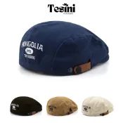 MONGOLIA 卡其色面料刺繡貝雷帽,男女皆宜的經典款式 - 復古柔軟貝雷帽,個性動感