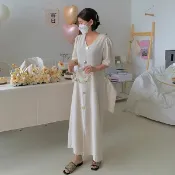 Anna S ANNAS 正韓 金屬釦 洋裝 棉麻 短袖 長裙 長洋裝 V領 排扣 名媛 貴婦 氣質 婚禮穿搭 顯瘦 腰身 韓國