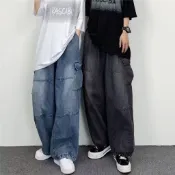M-5XL 牛仔褲男 直筒牛仔褲男生 鬆緊褲頭牛仔褲男士寬褲 潮牌潮流百搭港風韓版寬松痞帥闊腿牛仔褲（SX9912）