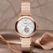 EMPORIO ARMANI 亞曼尼 Archelia 晶鑽開芯鏤空優雅機械女錶-玫瑰金/34mm 送禮 禮物 推薦(AR60096)