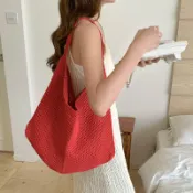 復古ins單肩編織包 新款度假休閒沙灘包 鉤針編織包 手提托特包 網眼鏤空 購物袋 韓式純色編織沙灘包 海邊渡假編織