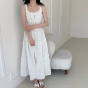 【太妮絲AI09】現貨 白色長洋裝 夏季洋裝 浪漫洋裝 洋裝 黑色洋裝 綁帶 氣質 韓國 蛋糕裙 TINY GIRLS