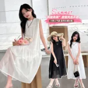 【台灣出貨】免運 女童純色連衣裙夏季無袖拼接甜美公主裙子中大童韓版大裙擺背心裙