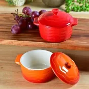 【YU Living 信歐傢居】北歐風陶瓷附蓋迷你小烤盅二件組 小鍋子(寬9.8CM/二件一組/2色/加州紅/陽光橘)