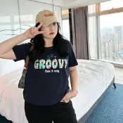  【促銷】步步紅大碼女裝夏季休閑短袖T恤女胖mm圓領薄款寬松簡約印花半袖
