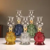 💗酥油燈💞玻璃彩色錢袋酥油燈供佛佛前油燈防風調光長明燈複古煤油燈拜神燈供佛油燈 無煙佛燈傢用 玻璃蠟燭 光明燈