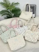 喜挖2店 510102 卡通印花絎縫夾棉包包單肩棉布袋女橫款大容量手提帆布袋