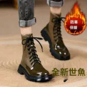 💖台灣出貨#網紅增高軟底軟麵真皮厚底鬆糕馬丁靴女鞦鼕季顯瘦中跟超火短靴子