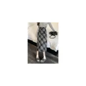 (店+)（NARMES）大尺碼 大尺碼半身裙 格子裙 格子半身裙裙子秋冬顯瘦開叉毛呢裙a字裙中長款復古格子裙