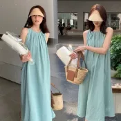 La Belleza渡假風法式圓領壓摺露背挖洞背釦寬鬆棉麻背心裙過膝長洋裝