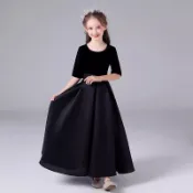 兒童晚禮服裙 小提琴禮服 大提琴洋裝 兒童鋼琴洋裝 高級黑色女童長裙小主持人鋼琴比賽表演奏表演服大童絲絨五分袖